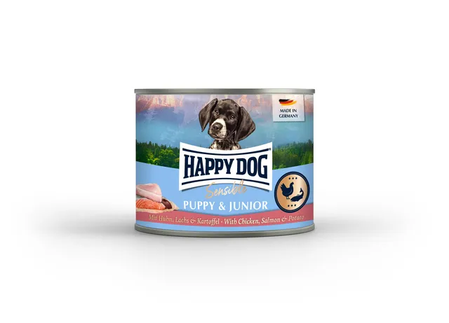 happy-dog-sensible-puppy-huhn-lachs-und-kartoffel-nassfutter-dose-200g image 1