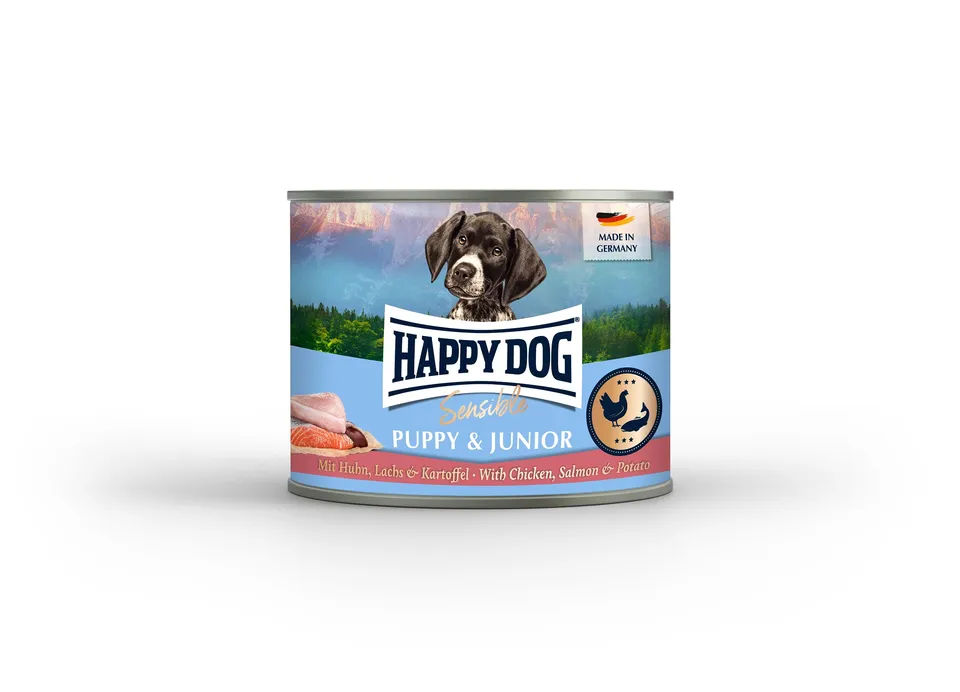happy-dog-sensible-puppy-huhn-lachs-und-kartoffel-nassfutter-dose-200g image 1