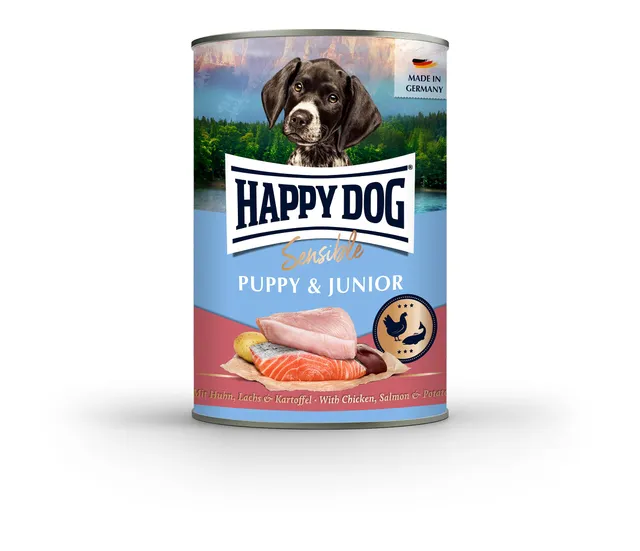 happy-dog-sensible-puppy-huhn-lachs-und-kartoffel-nassfutter-dose-400g image 1